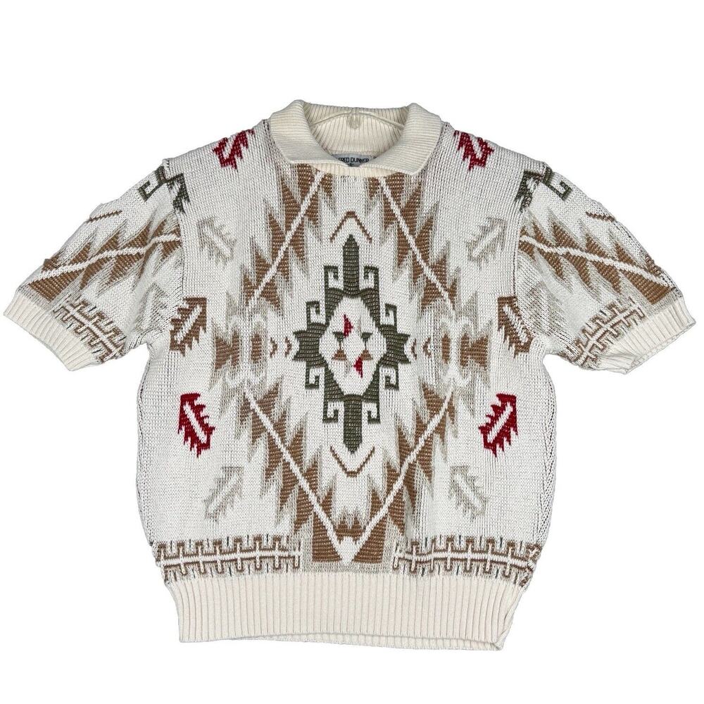 Alfred Dunner Sweater Womens Small Cream Multi Southwestern Aztec Collar Casual